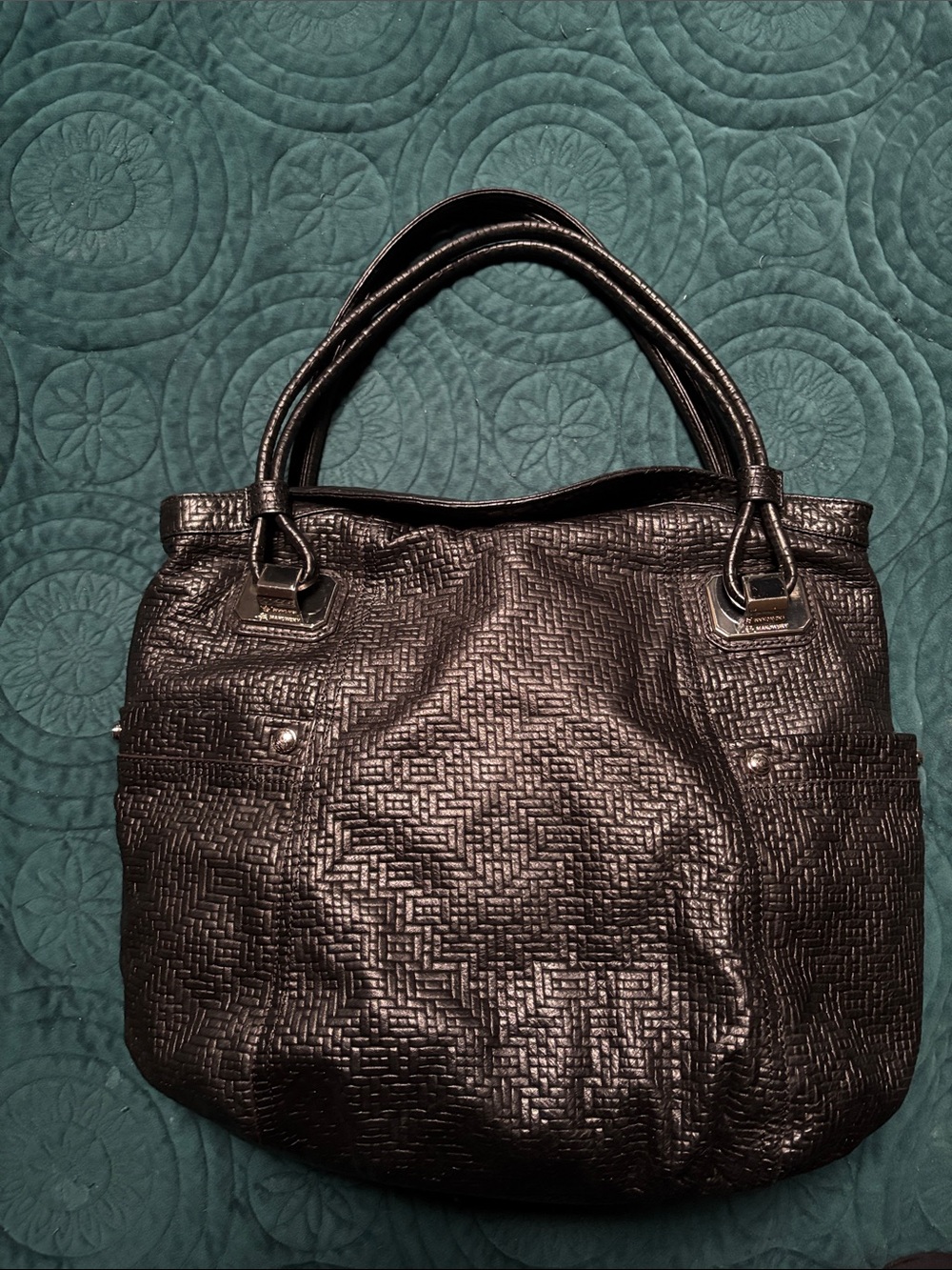 b. makowsky Black Textured Leather Tote with Silver Hardware